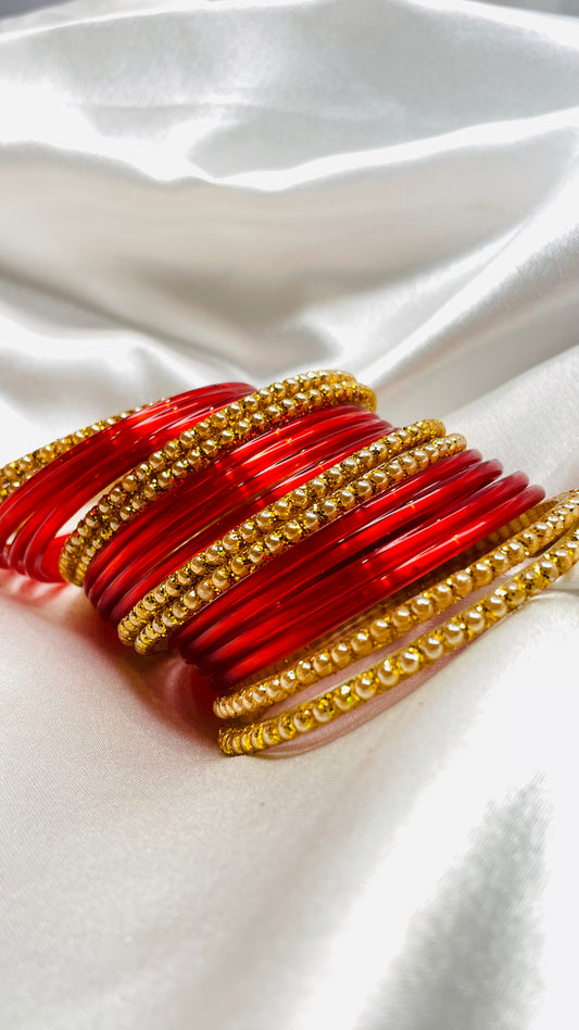 Royal Red Glass Bangles With Golden Beaded Work (Pack Of 40 Bangles)