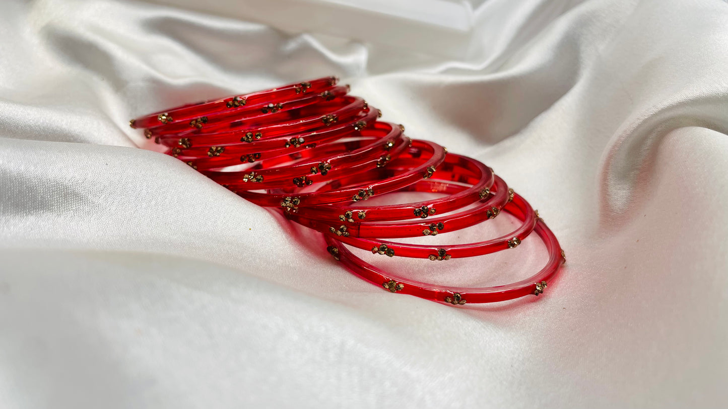 Red Glass Bangles With Golden Stone Work