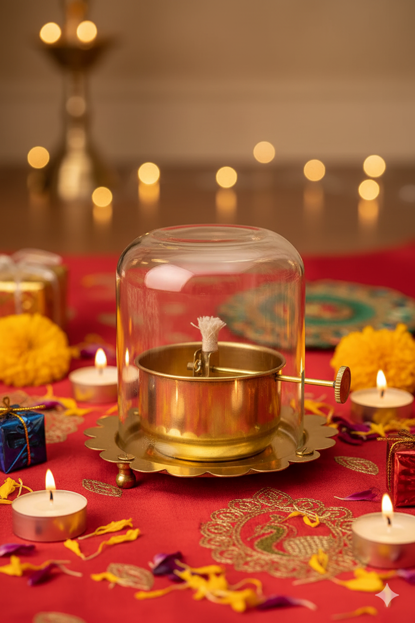 Brass Akhand Jyoti Deep With Flower Pattern (Brass)