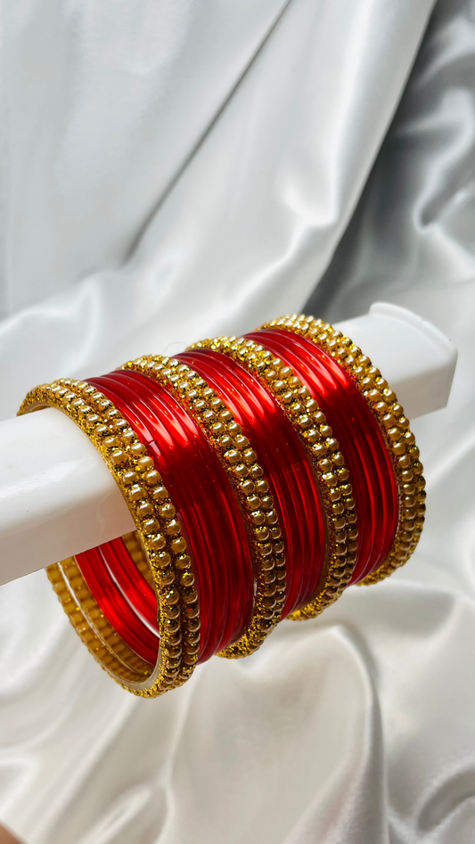 Royal Red Glass Bangles With Golden Beaded Work (Pack Of 40 Bangles)