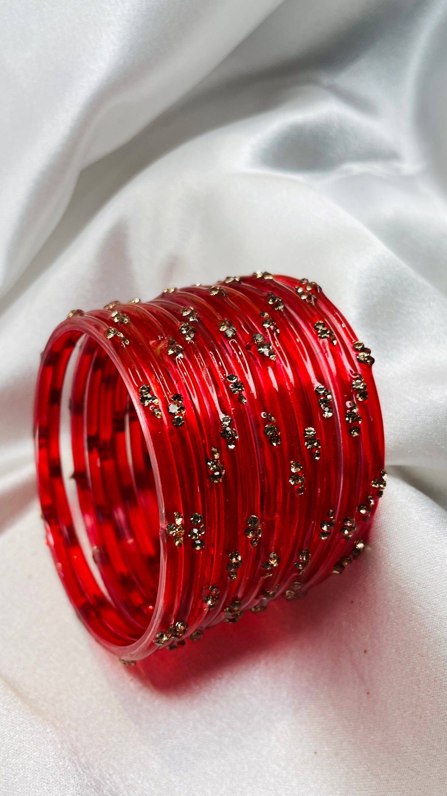 Red Glass Bangles With Golden Stone Work