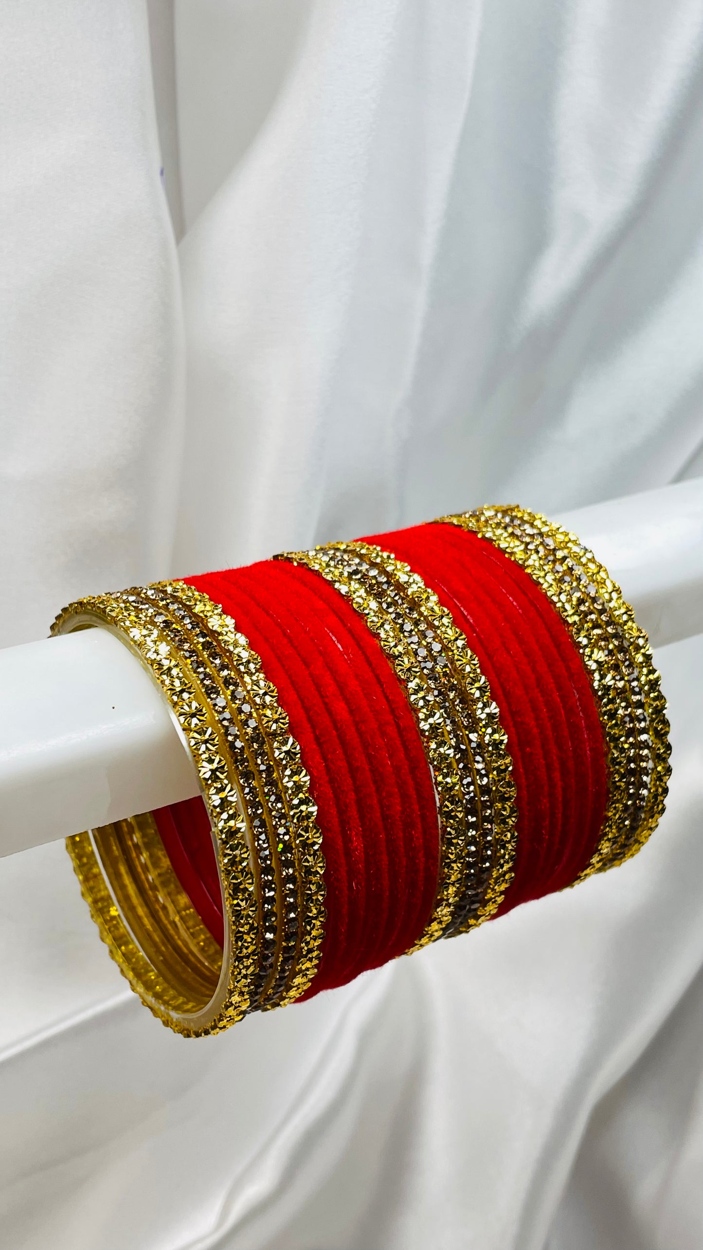 Pair Of Red Velvet With Golden Stone (Total 48 Bangles)